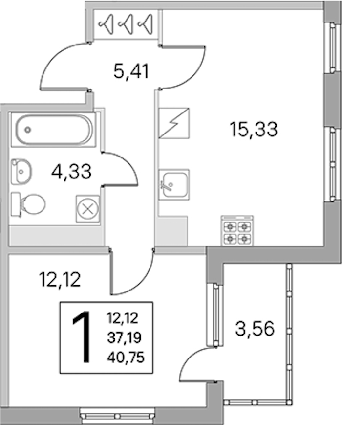 1-комнатная квартира 37.19 м², 3/5 эт., ЖК «ЮгТаун. Олимпийские кварталы»